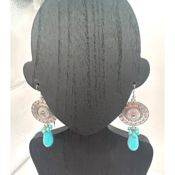 2/$24 Silver Boho Style Dangle Earrings With Turquoise Teardrop Beads - Picture 4 of 5